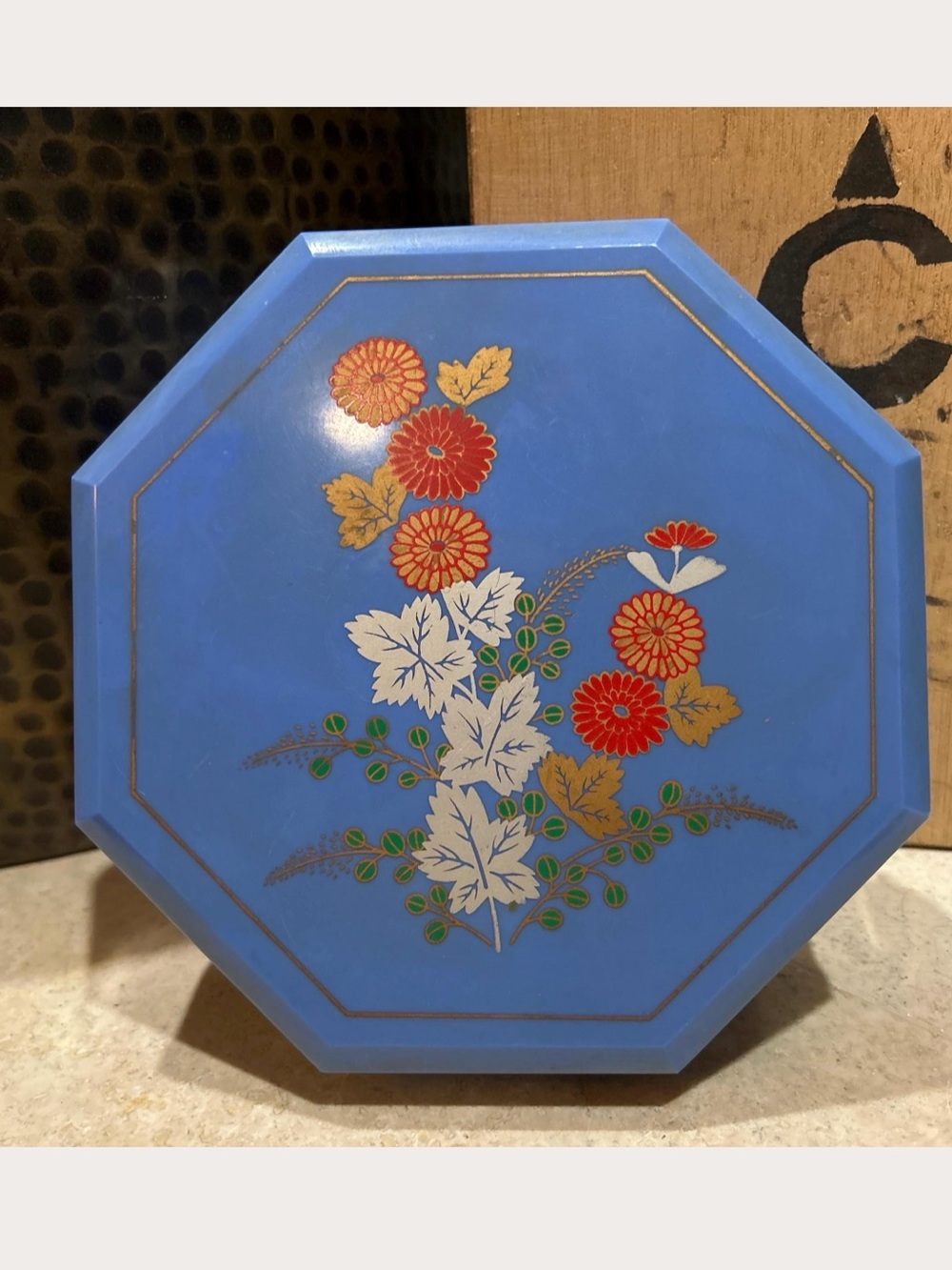 vintage Japanese-style Octogon blue plastic lacquer trinket jewelry box